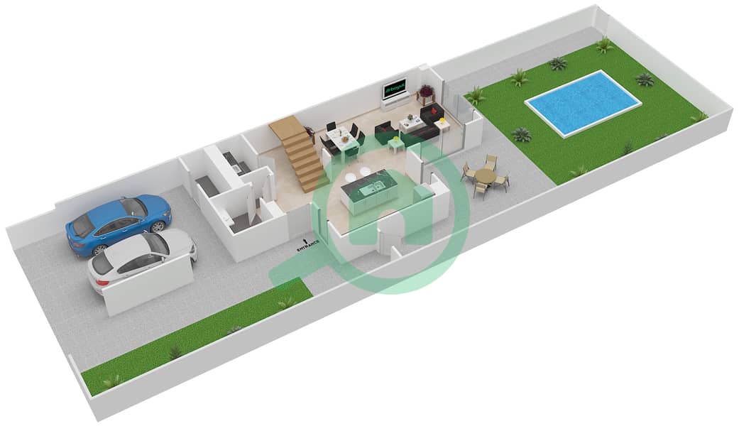 Yas Acres - 2 Bedroom Townhouse Type 2E Floor plan Ground Floor interactive3D