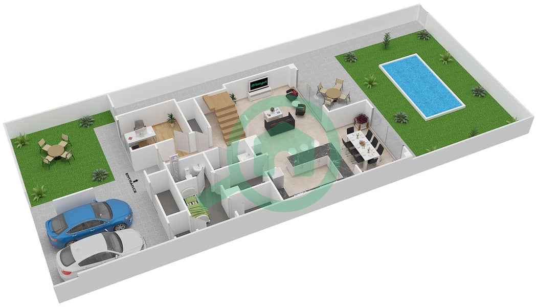 Yas Acres - 3 Bedroom Townhouse Type 3X Floor plan Ground Floor interactive3D
