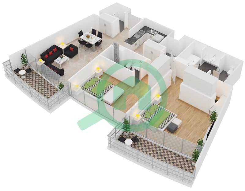 Al Rahba - 2 Bedroom Apartment Type 2A Floor plan interactive3D