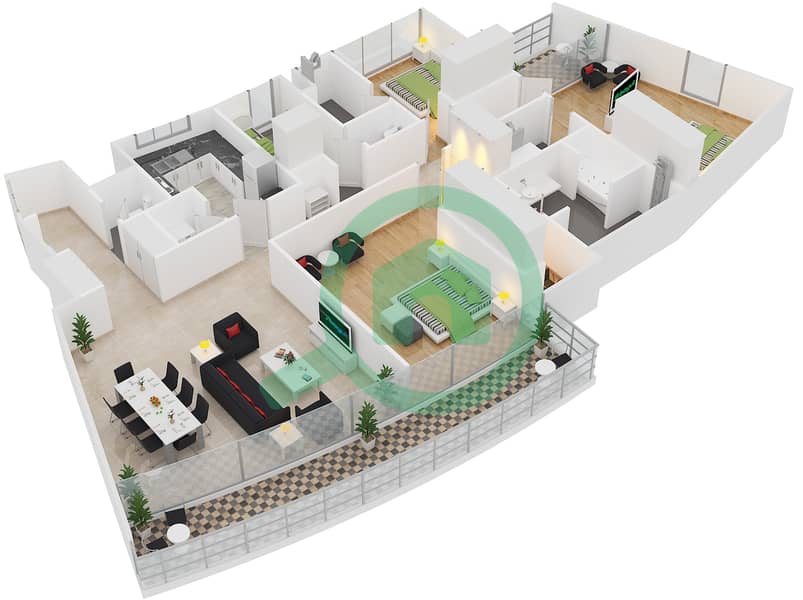 Al Rahba - 3 Bedroom Apartment Type 3B Floor plan interactive3D