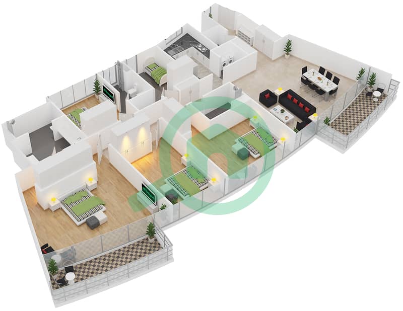 المخططات الطابقية لتصميم النموذج 4A شقة 4 غرف نوم - الرحبة interactive3D