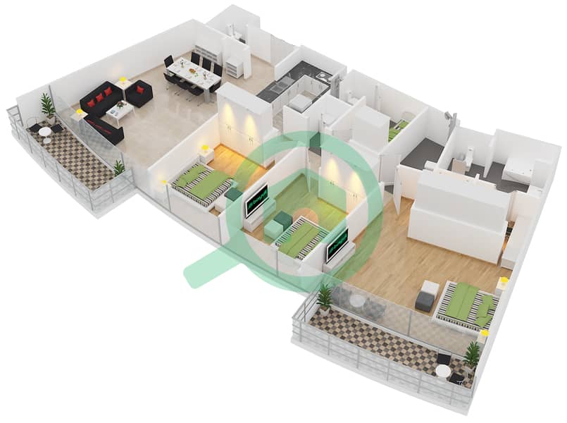 المخططات الطابقية لتصميم النموذج 3A شقة 3 غرف نوم - الرحبة interactive3D