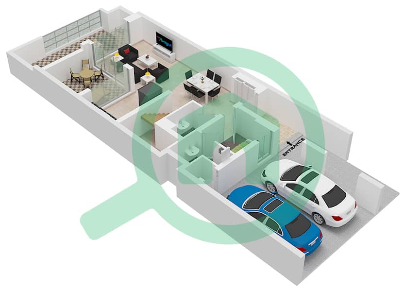 المخططات الطابقية لتصميم النموذج / الوحدة TRIPLEX-MIDDLE(IVORY) تاون هاوس 4 غرف نوم - بلِس Ground Floor interactive3D