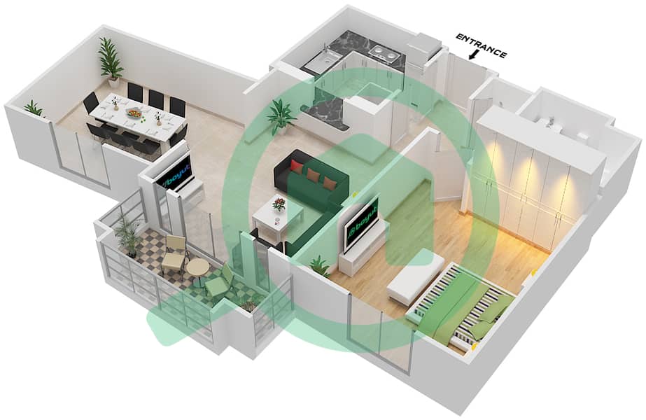 المخططات الطابقية لتصميم الوحدة 5 / FLOOR 1 شقة 1 غرفة نوم - کمون 1 Floor 1 interactive3D