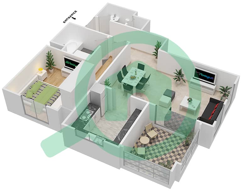 المخططات الطابقية لتصميم الوحدة 8B / FLOOR 1 شقة 1 غرفة نوم - کمون 1 Floor 1 interactive3D