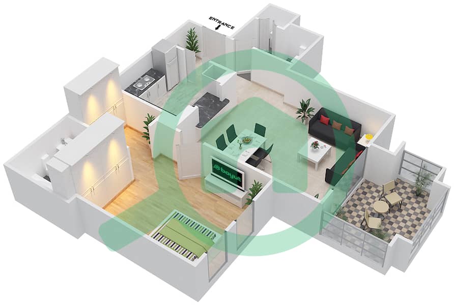 Камун 1 - Апартамент 1 Спальня планировка Единица измерения 9B / FLOOR 1 Floor 1 interactive3D