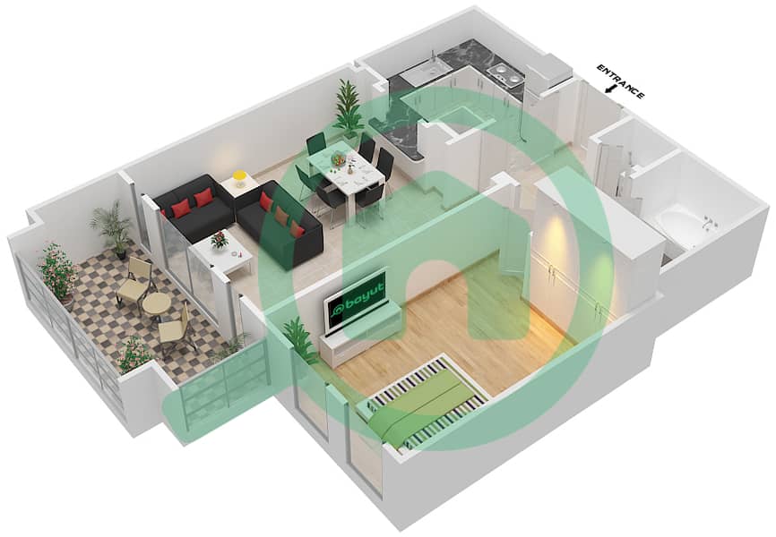 المخططات الطابقية لتصميم الوحدة 12 / FLOOR 1 شقة 1 غرفة نوم - کمون 1 Floor 1 interactive3D