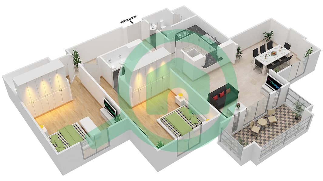 المخططات الطابقية لتصميم الوحدة 1 / FLOOR 1 شقة 2 غرفة نوم - کمون 1 Floor 1 interactive3D