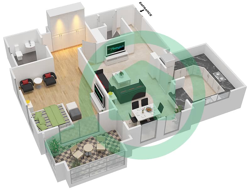 Камун 1 - Апартамент 1 Спальня планировка Единица измерения 3B / FLOOR 1 Floor 1 interactive3D