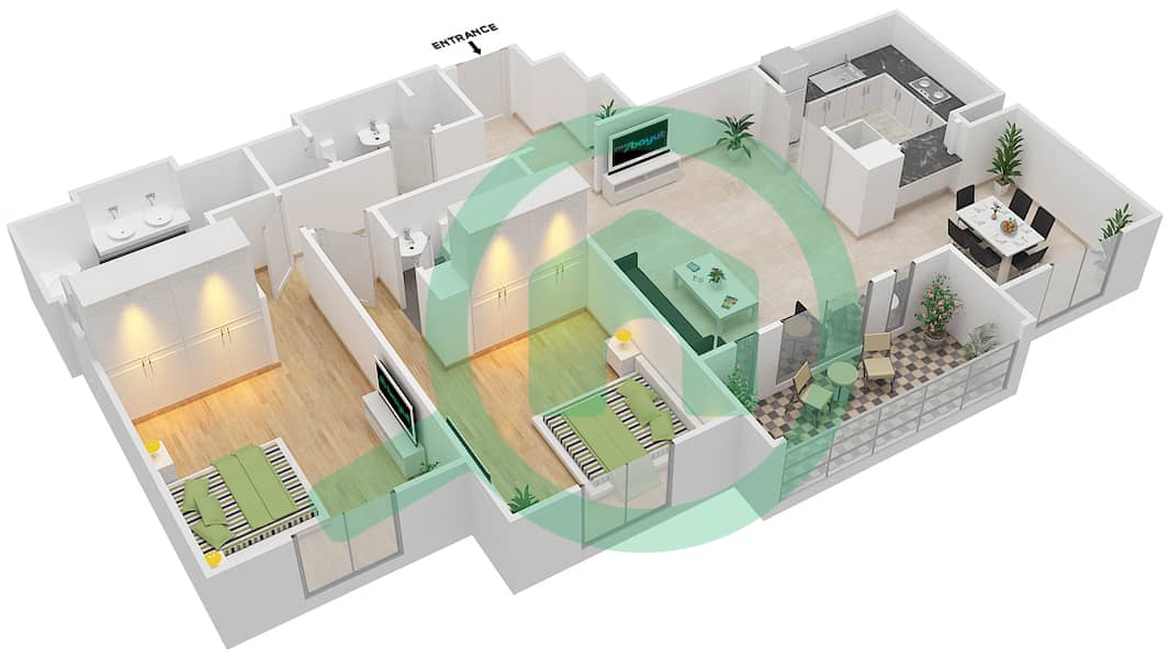 Камун 1 - Апартамент 2 Cпальни планировка Единица измерения 4 / FLOOR 1 Floor 1 interactive3D