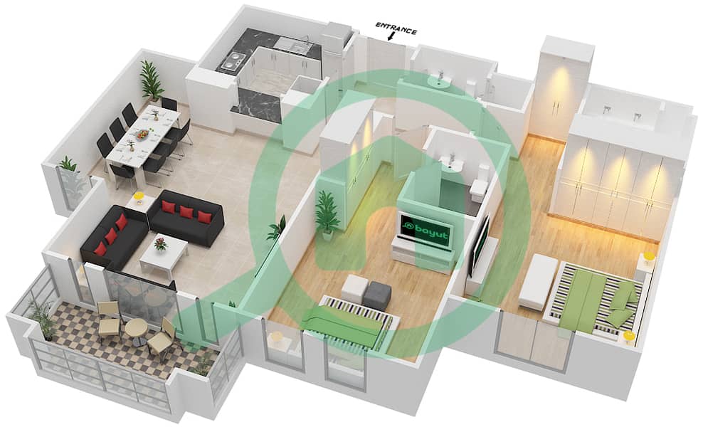 المخططات الطابقية لتصميم الوحدة 7 / FLOOR 1 شقة 2 غرفة نوم - کمون 1 Floor 1 interactive3D