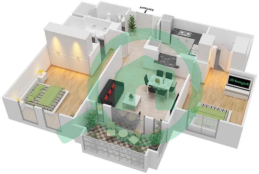 المخططات الطابقية لتصميم الوحدة 10 / FLOOR 1 شقة 2 غرفة نوم - کمون 1 Floor 1 interactive3D