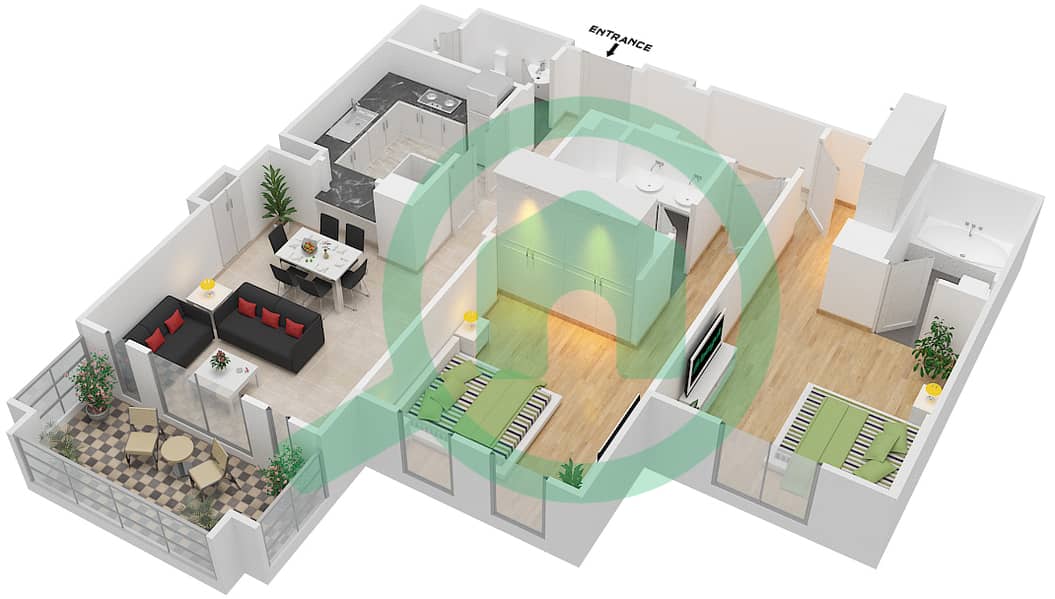 Камун 1 - Апартамент 2 Cпальни планировка Единица измерения 11 / FLOOR 1 Floor 1 interactive3D