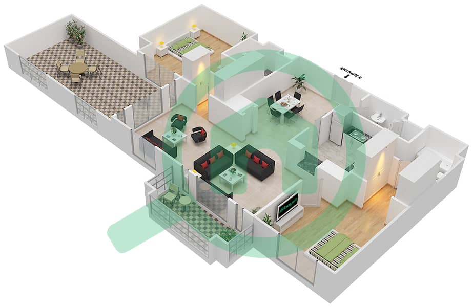 المخططات الطابقية لتصميم الوحدة 2 / FLOOR 3 شقة 2 غرفة نوم - زعفران 4 Floor 3 interactive3D