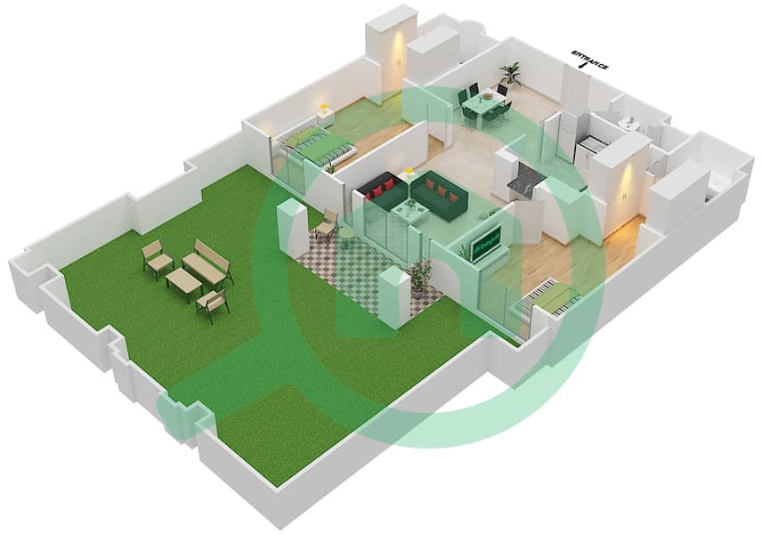 المخططات الطابقية لتصميم الوحدة 2 / GROUND FLOOR شقة 2 غرفة نوم - زعفران 4 Ground Floor interactive3D
