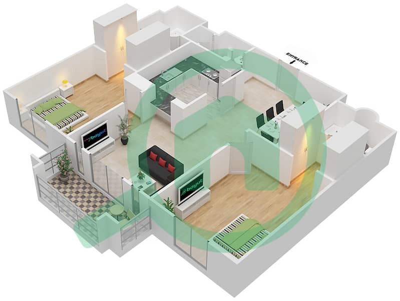 المخططات الطابقية لتصميم الوحدة 3 / FLOOR 1 شقة 2 غرفة نوم - زعفران 4 Floor 1 interactive3D