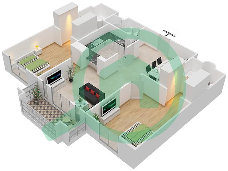 扎法兰4号楼 - 2 卧室公寓单位3 / FLOOR 1戶型图 Floor 1 interactive3D
