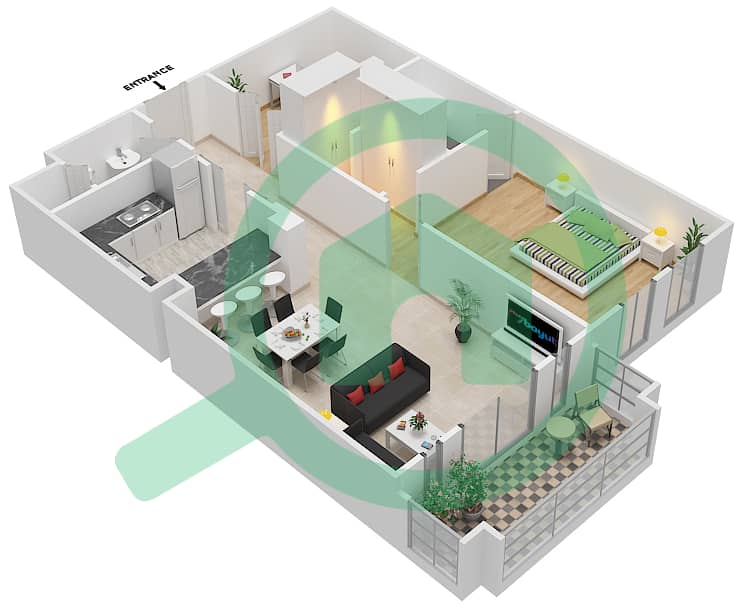 المخططات الطابقية لتصميم الوحدة 8 / FLOOR 1 شقة 1 غرفة نوم - زعفران 4 Floor 1 interactive3D