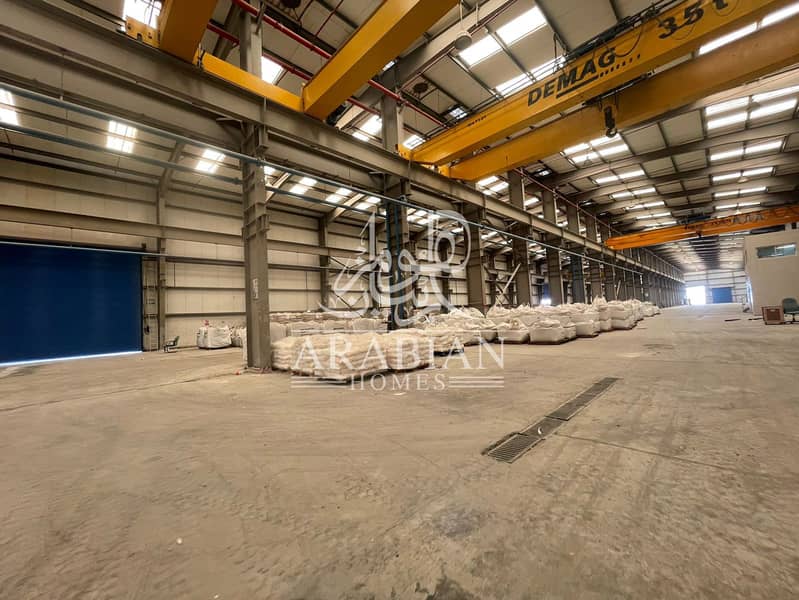 1,400sq. m Brand New Warehouse with 35-Ton Capacity Crane + Open Land for Rent in Mafraq Industrial Area