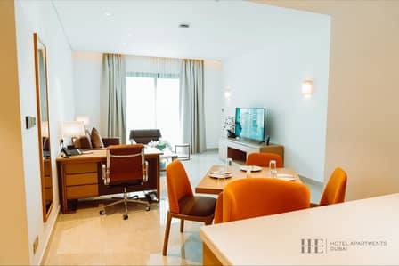 1 Bedroom Hotel Apartment for Rent in Jumeirah Village Circle (JVC), Dubai - Fully Furnished Deluxe One Bedroom Apartment available at HE Hotel Apartments by Gewan(5 star property) Discounts available for longer stay.