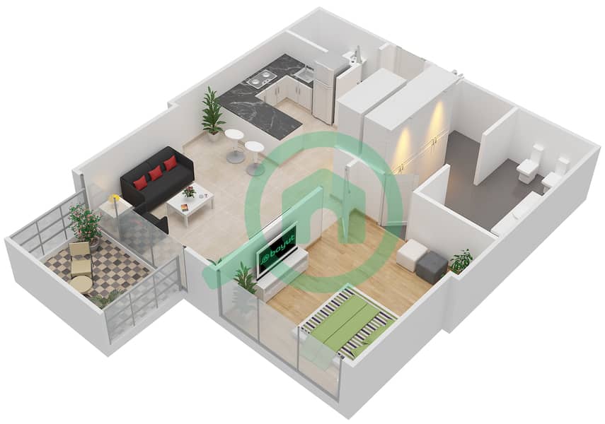 Атриа - Апартамент 1 Спальня планировка Тип 1A3 Floor 2,3,17 interactive3D
