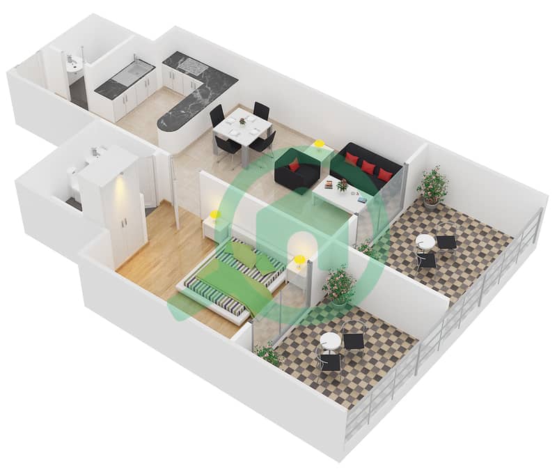 赫拉塔 - 1 卧室公寓类型A-11,12戶型图 interactive3D