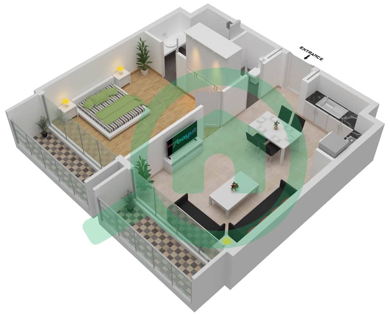المخططات الطابقية لتصميم النموذج A-1,FLOOR 2,4,6,8 شقة 1 غرفة نوم - نسق Floor 2,4,6,8 interactive3D