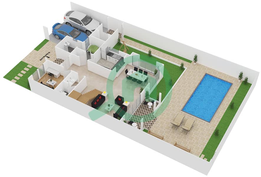 المخططات الطابقية لتصميم النموذج A فیلا 3 غرف نوم - قرية الخليج Ground Floor interactive3D