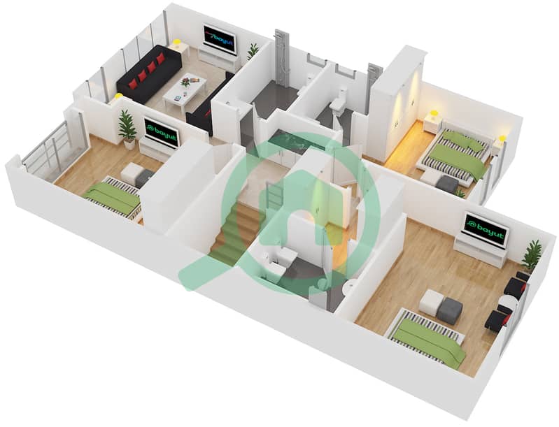 المخططات الطابقية لتصميم النموذج A فیلا 3 غرف نوم - قرية الخليج First Floor interactive3D