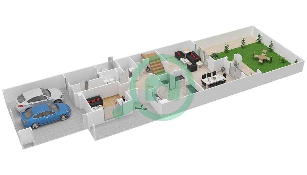 المخططات الطابقية لتصميم النموذج B MIDDLE UNIT فیلا 3 غرف نوم - فرات Ground Floor interactive3D