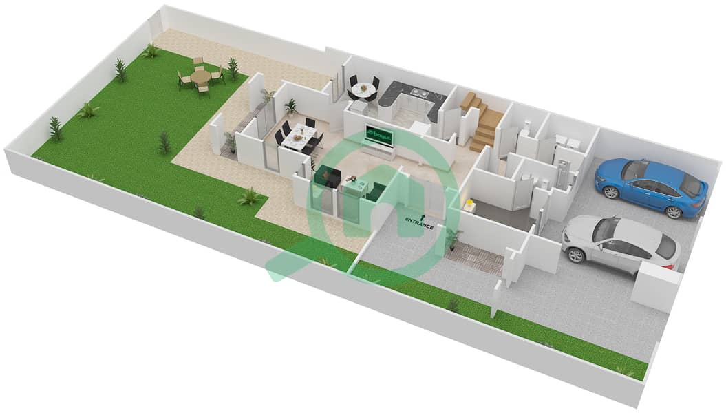المخططات الطابقية لتصميم النموذج C END UNIT فیلا 3 غرف نوم - فرات Ground Floor interactive3D