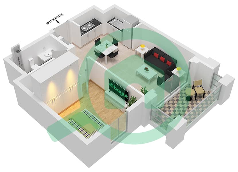 المخططات الطابقية لتصميم الوحدة 1-FLOOR 2-12 شقة 1 غرفة نوم - أوركيد interactive3D