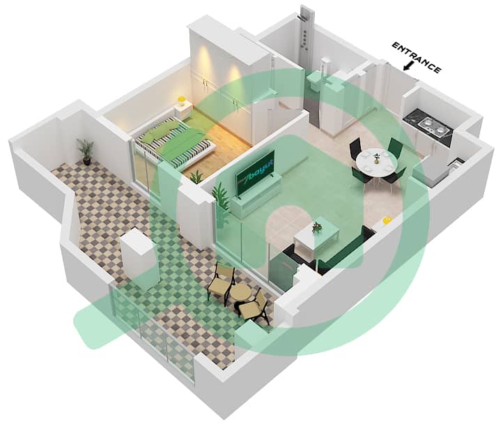 المخططات الطابقية لتصميم الوحدة 101-FLOOR 1 شقة 1 غرفة نوم - أوركيد interactive3D