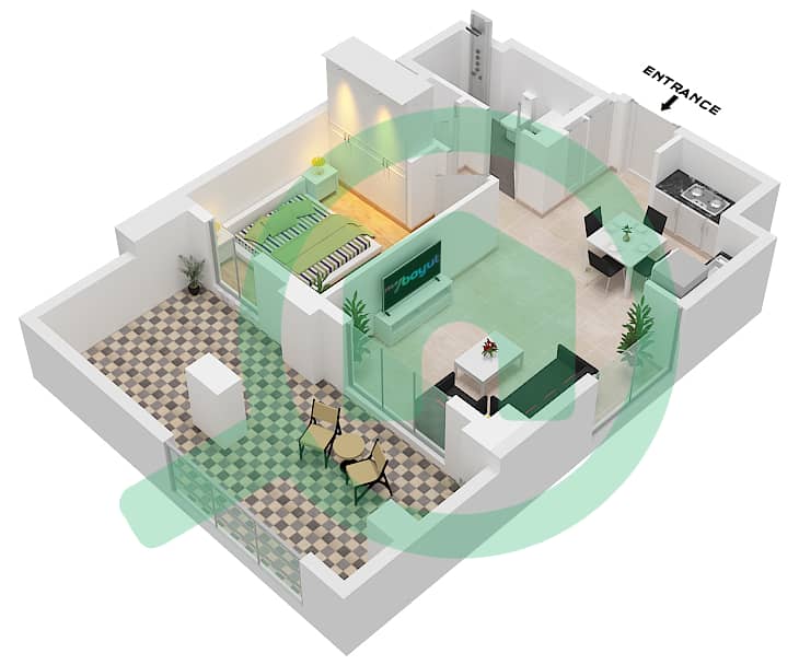 المخططات الطابقية لتصميم الوحدة 102-FLOOR 1 شقة 1 غرفة نوم - أوركيد interactive3D