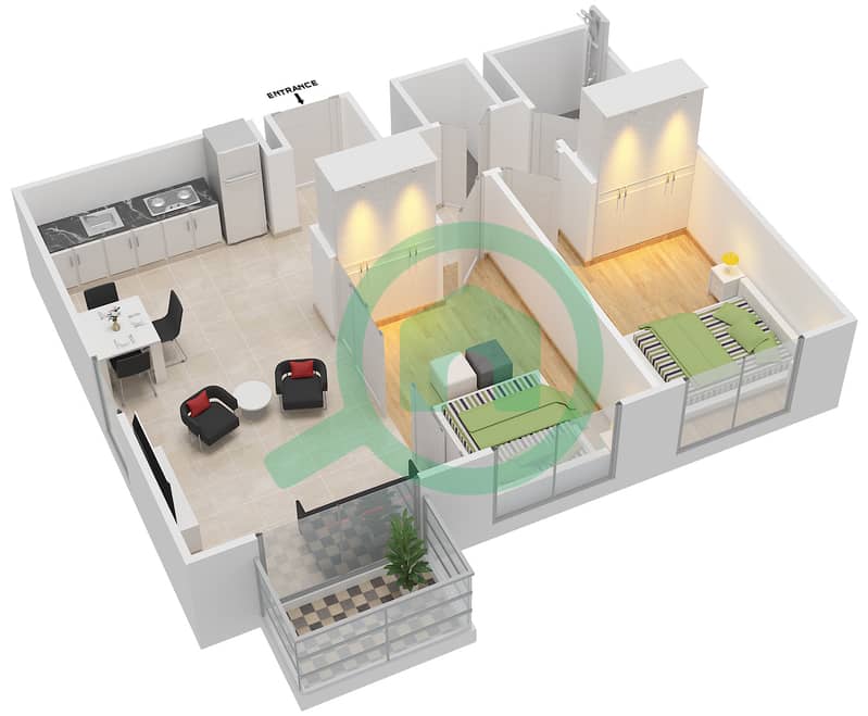 大众公寓 - 2 卧室公寓单位1戶型图 Floor 1,7,8-13 interactive3D