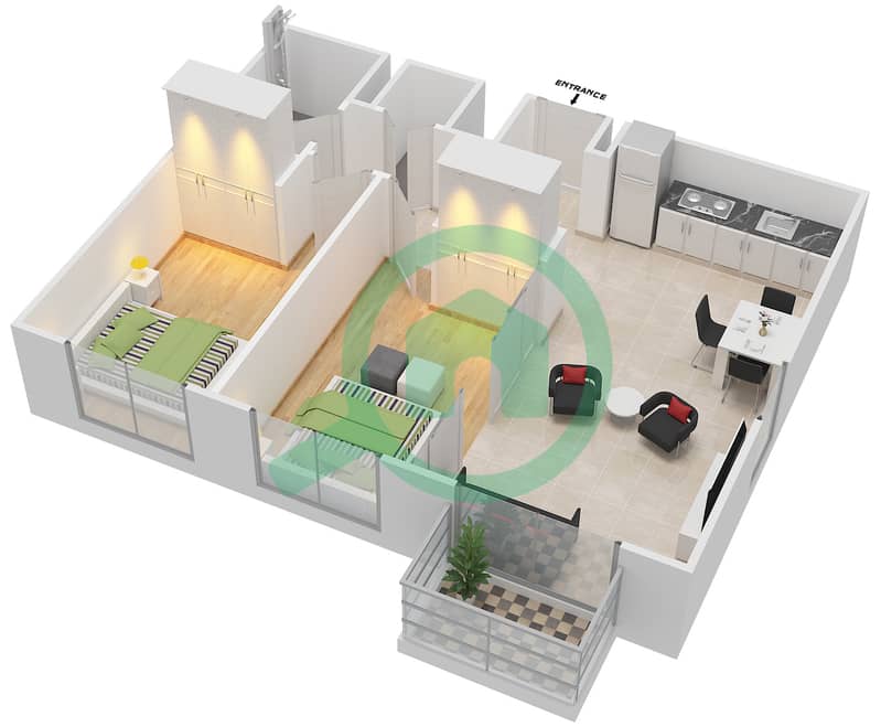 المخططات الطابقية لتصميم الوحدة 16 شقة 2 غرفة نوم - كولكتيف Floor 2-6 interactive3D