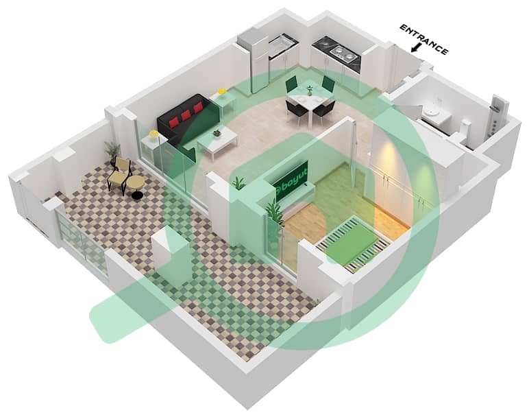 المخططات الطابقية لتصميم الوحدة 106-FLOOR 1 شقة 1 غرفة نوم - أوركيد interactive3D