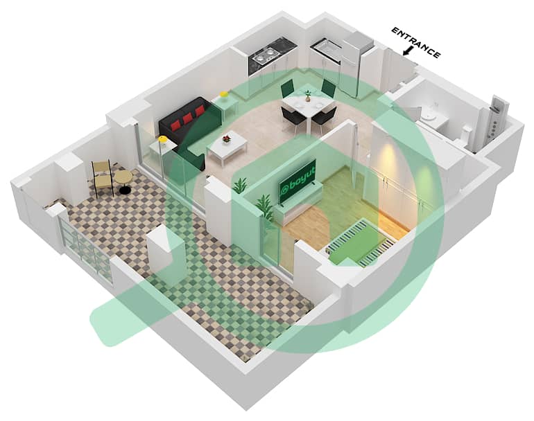المخططات الطابقية لتصميم الوحدة 107-FLOOR 1 شقة 1 غرفة نوم - أوركيد interactive3D