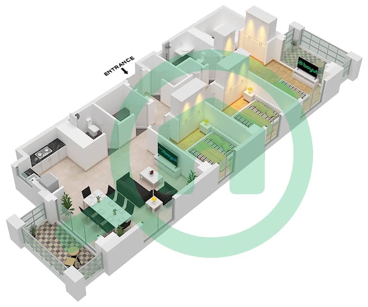 Орхидея - Апартамент 3 Cпальни планировка Единица измерения 02-FLOOR 2-12 interactive3D