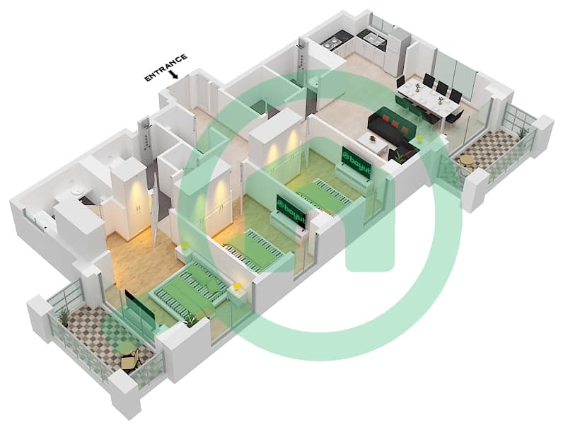 Орхидея - Апартамент 3 Cпальни планировка Единица измерения 09-FLOOR 2-12 interactive3D