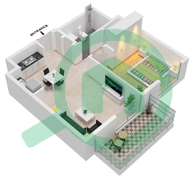 المخططات الطابقية لتصميم الوحدة 01-FLOOR 2-9 شقة 1 غرفة نوم - أوركيد interactive3D