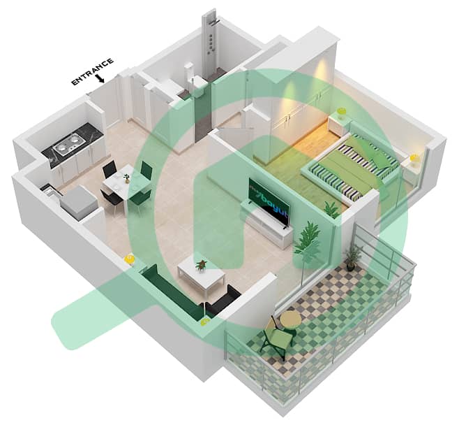 兰花公寓 - 1 卧室公寓单位01-FLOOR 2-9戶型图 interactive3D