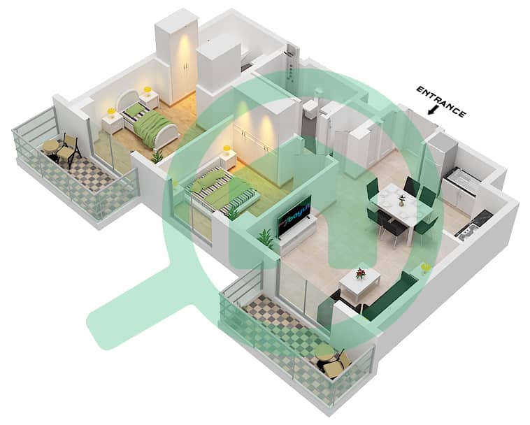 المخططات الطابقية لتصميم الوحدة 07-FLOOR 1,2-9 شقة 2 غرفة نوم - أوركيد interactive3D