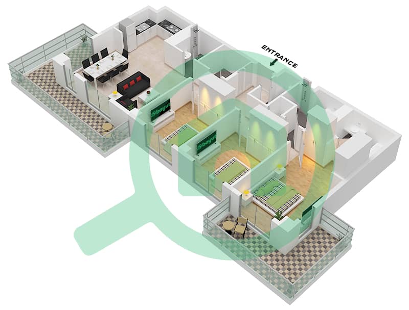 المخططات الطابقية لتصميم الوحدة 08-FLOOR 2-9 شقة 3 غرف نوم - أوركيد interactive3D