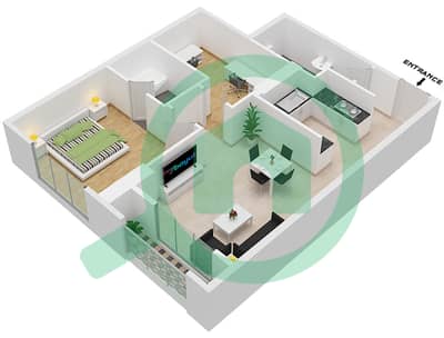 المخططات الطابقية لتصميم النموذج / الوحدة B / UNIT 1,9,10,18 شقة 1 غرفة نوم - برج التيتيود