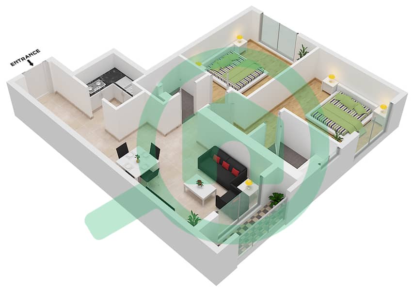高空大厦 - 2 卧室公寓类型／单位A / UNIT 2,8,11,17戶型图 interactive3D