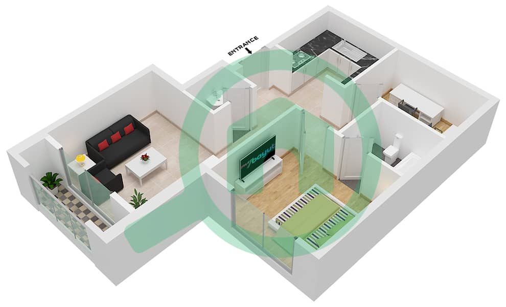 المخططات الطابقية لتصميم النموذج / الوحدة C / UNIT 4,6,13,15 شقة 1 غرفة نوم - برج التيتيود interactive3D