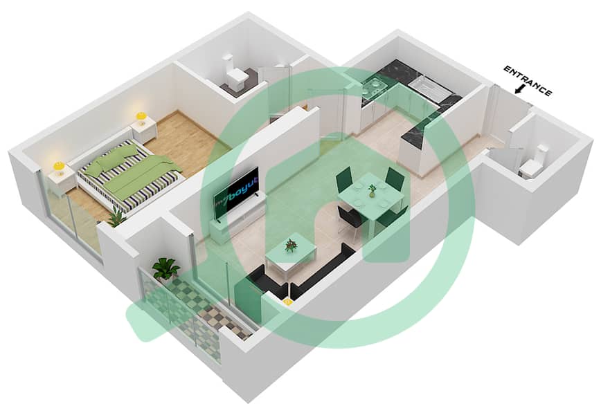 المخططات الطابقية لتصميم النموذج / الوحدة E / UNIT 3,7,12,16 شقة 1 غرفة نوم - برج التيتيود interactive3D