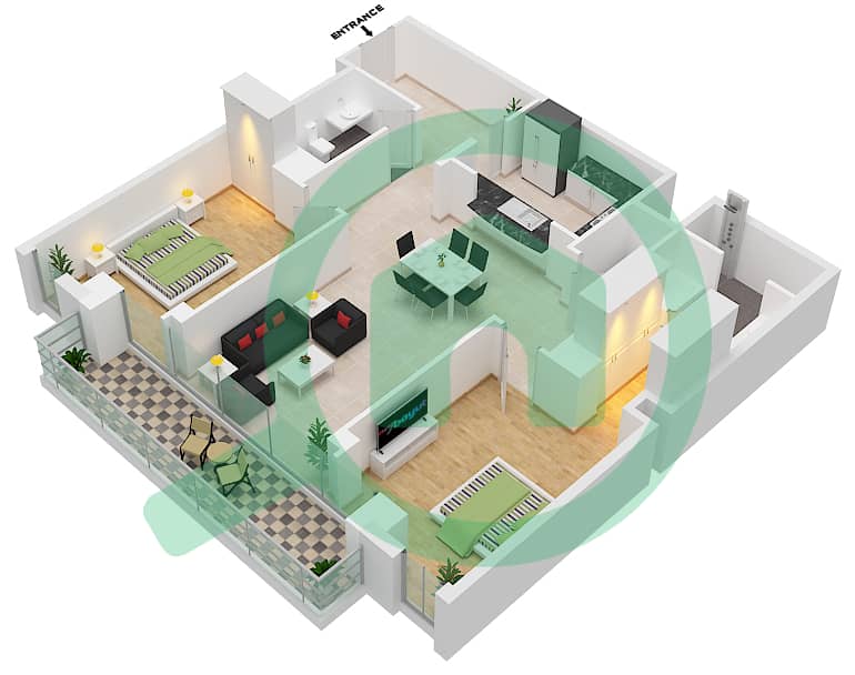 驻足2号大厦 - 2 卧室公寓套房04-FLOOR 1-4戶型图 Floor 1-04 interactive3D