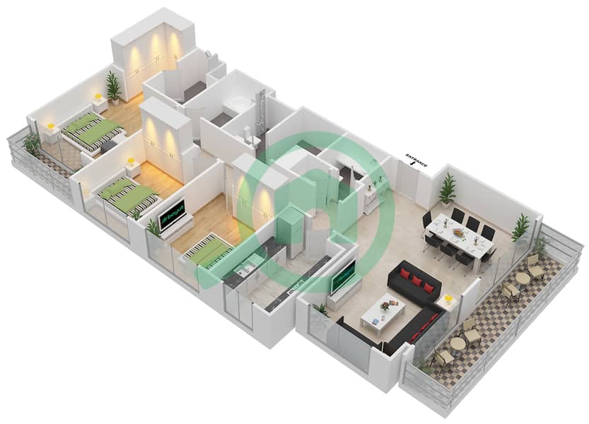 المخططات الطابقية لتصميم النموذج 3A شقة 3 غرف نوم - غولف فيوز Floor 1-10
A106,A205,A206,A305,A306 interactive3D